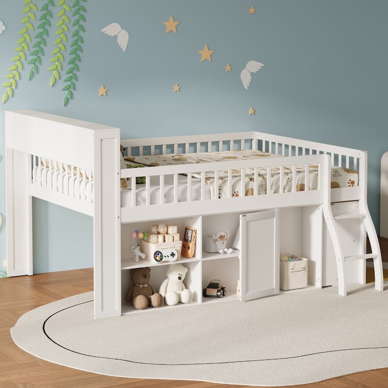 Kids Storage Low Loft Bed with LED Headboard Light, Dual Side Storage Shelves and Space Saving Under-Bed Storage