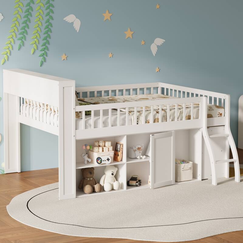 Storage Loft Bed with LED Headboard, Queen or Full Size High Sleeper Frame with Shelves