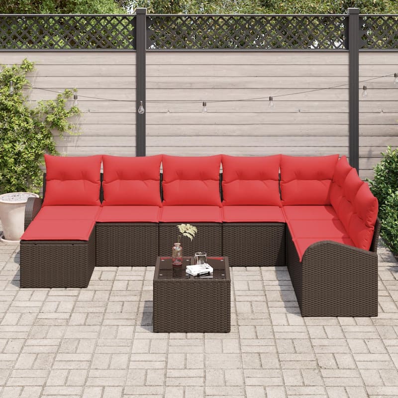 vidaXL 8/9 Garden Sofa Set with Cushions Black/Brown/Grey Poly Rattan - 113.8 x 70.5 x 27.2