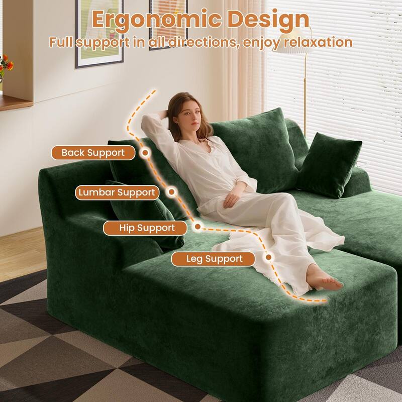 Velvet Dual Chaise Sofa Bed, Sleeper Sofa with Thicked Cushions and Throw Pillows, Deep Seat Lounge Loveseat Sofa