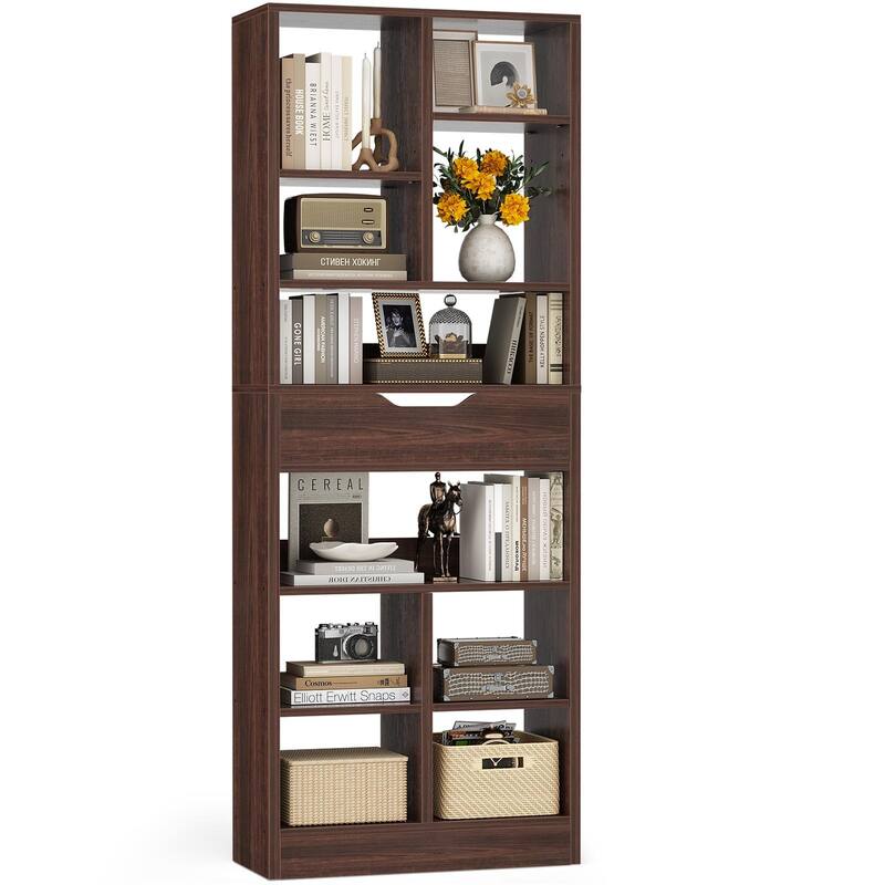 Freestanding 74" Tall Bookcase with Drawer,8-Tier Bookshelf Open Display Shelves for Living Room Home Office, Bedroom