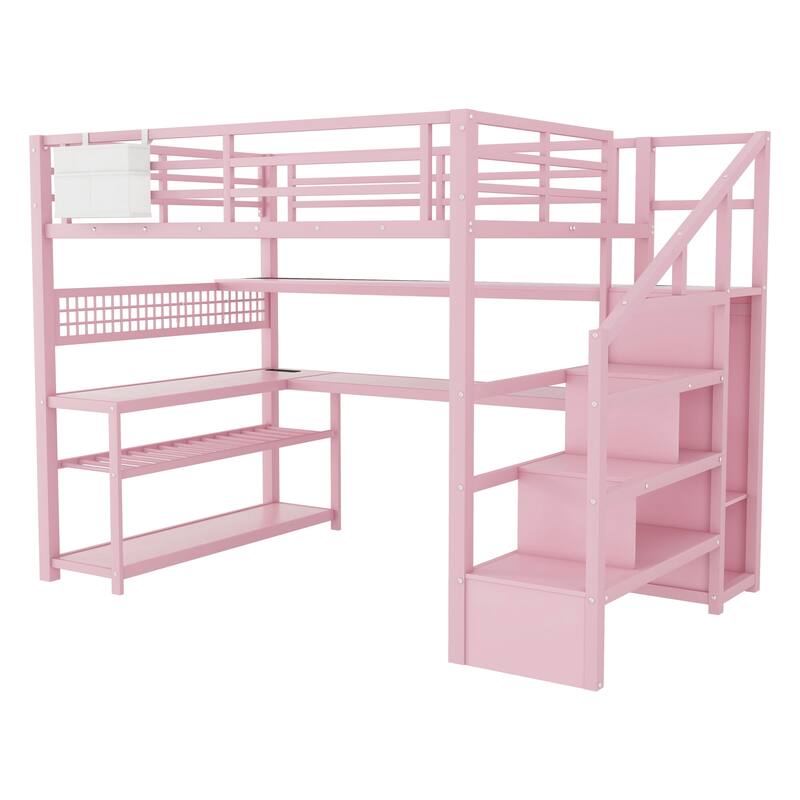 Full Size Metal Loft Bed Frame with Staircase, Wardrobe, Desk, Mesh Board, Storage Shelves, Pocket, LED Lights, Charging Station