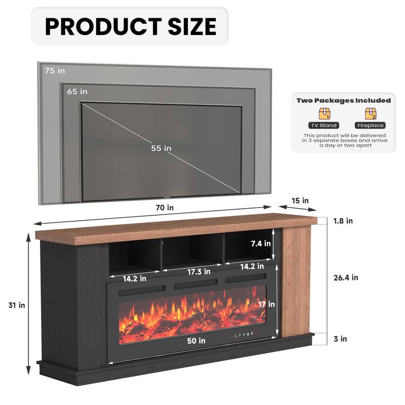 Traditional 70" TV Stand with 50" Electric Fireplace, Light Strips, Sockets, Open Shelves, and Cabinets for TVs up to 80"