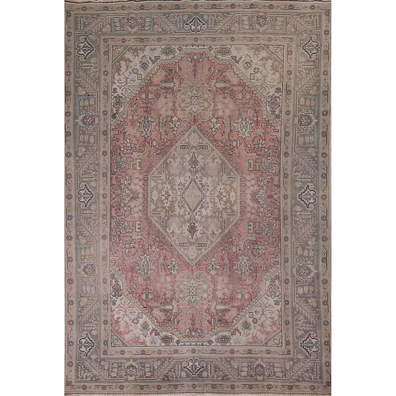 Pink Distressed Tabriz Vintage Persian Rug Hand-Knotted Wool Carpet - 8'0" x 10'11"