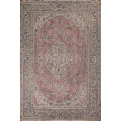 Pink Distressed Tabriz Vintage Persian Rug Hand-Knotted Wool Carpet - 8'0" x 10'11"