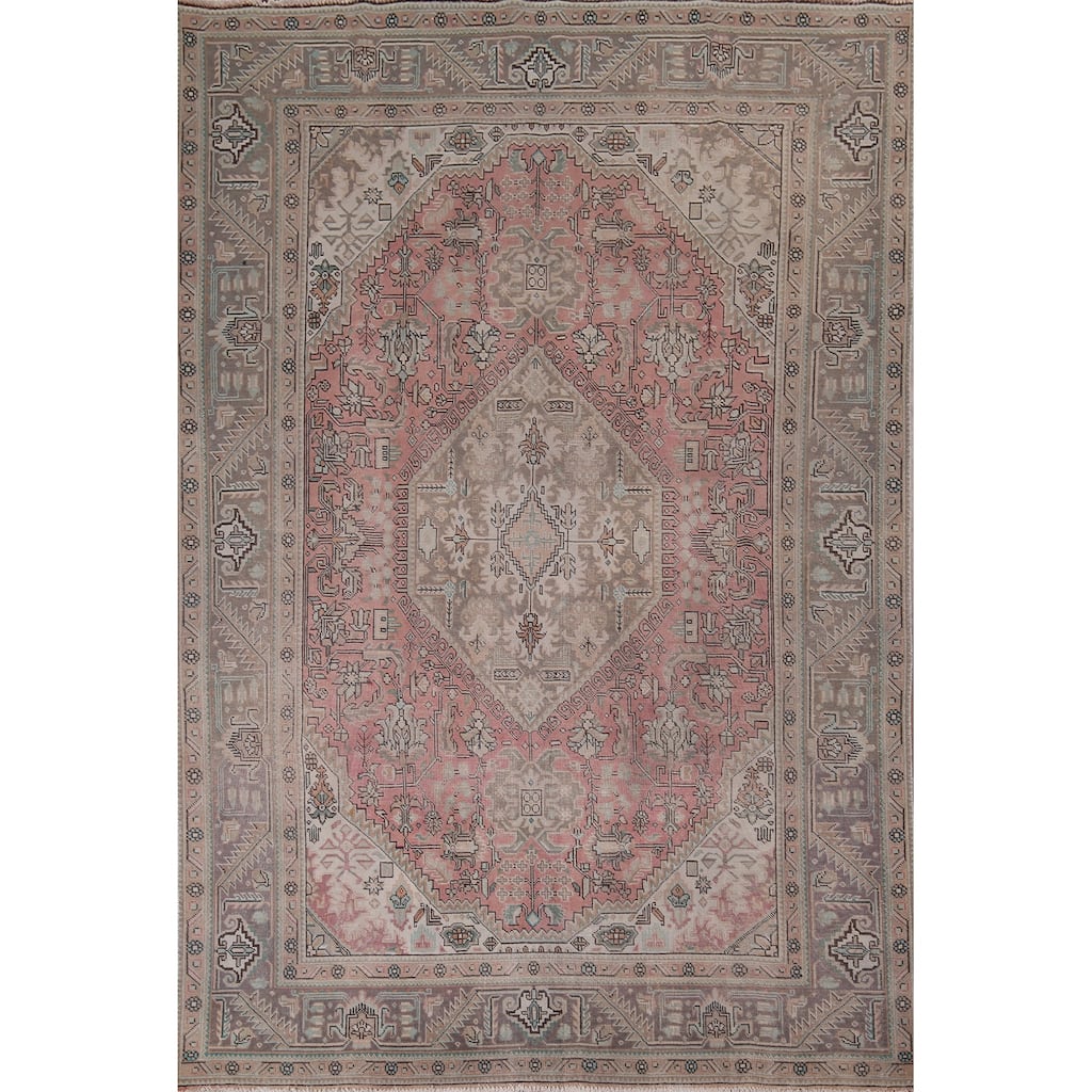 Pink Distressed Tabriz Vintage Persian Rug Hand-Knotted Wool Carpet - 8'0" x 10'11"