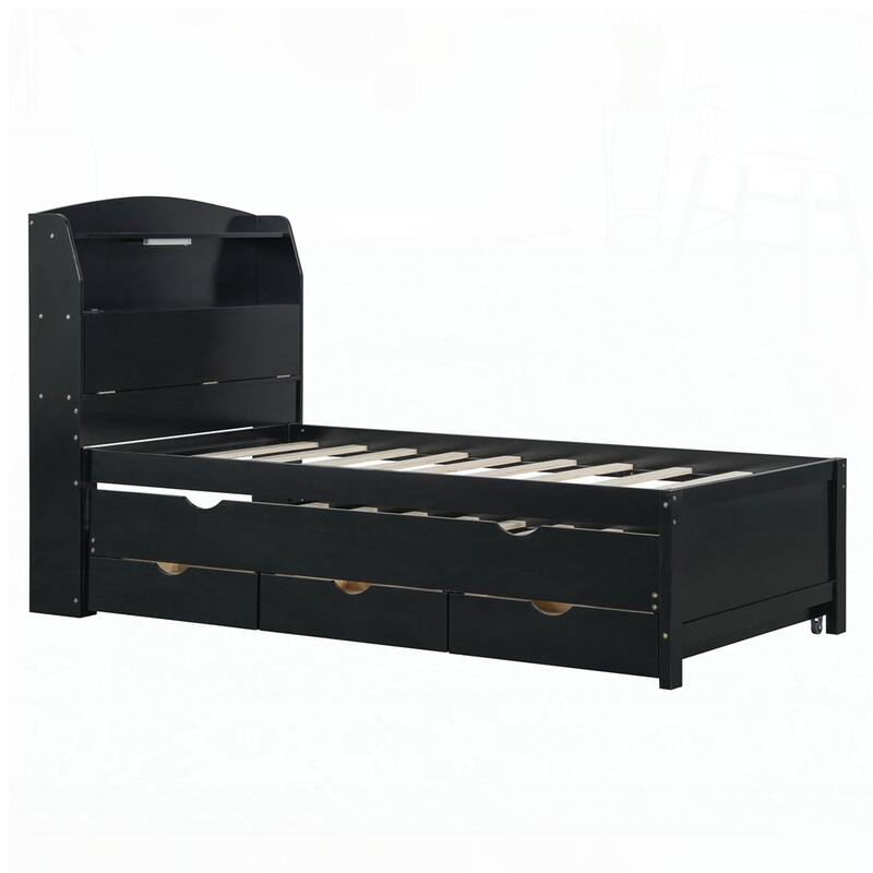 Wooden LED Platform Bed with Trundle