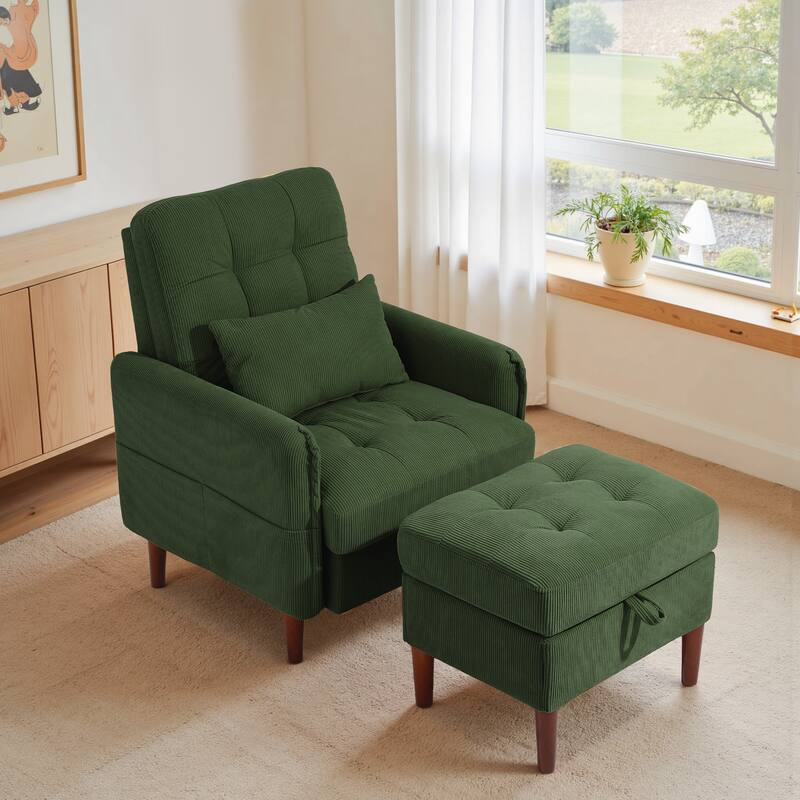Adjustable Backrest Upholstered Accent Chair with Storage Ottoman Set