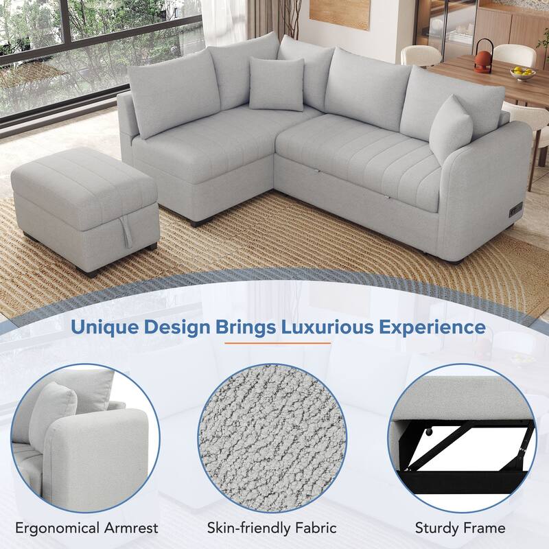 L-Shaped Sectional Sofa with Pull Out Sofa Bed & Storage Ottoman, Convertible Sleeper Sofa with USB Ports & Power Sockets