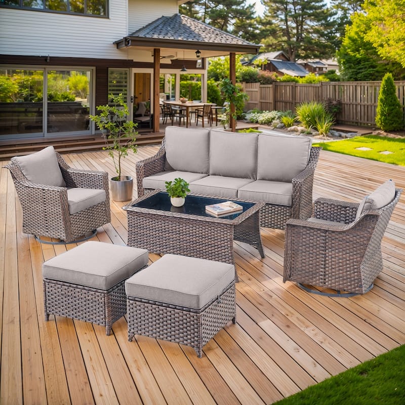 Outdoor Patio Sofa Table & Swive Chail with Ottoman - Grey - Brown