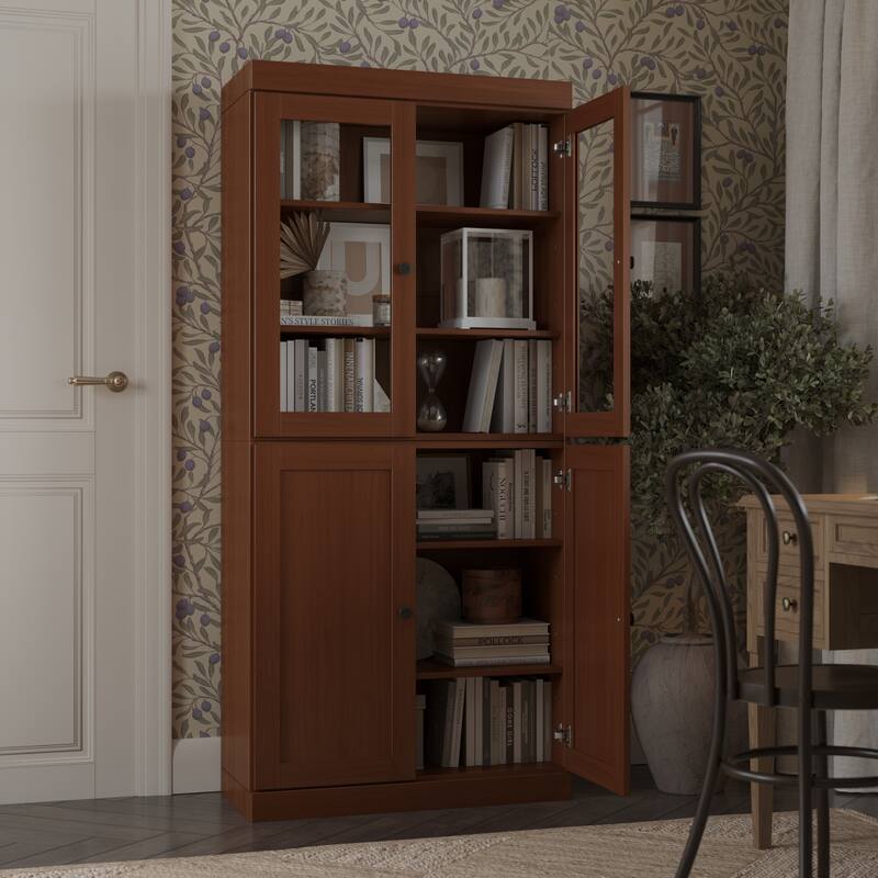 Palace Imports 100% Solid Wood 6-Shelf Bookcase with Clear Glass, Shaker Doors and Adjustable Shelves - Mocha