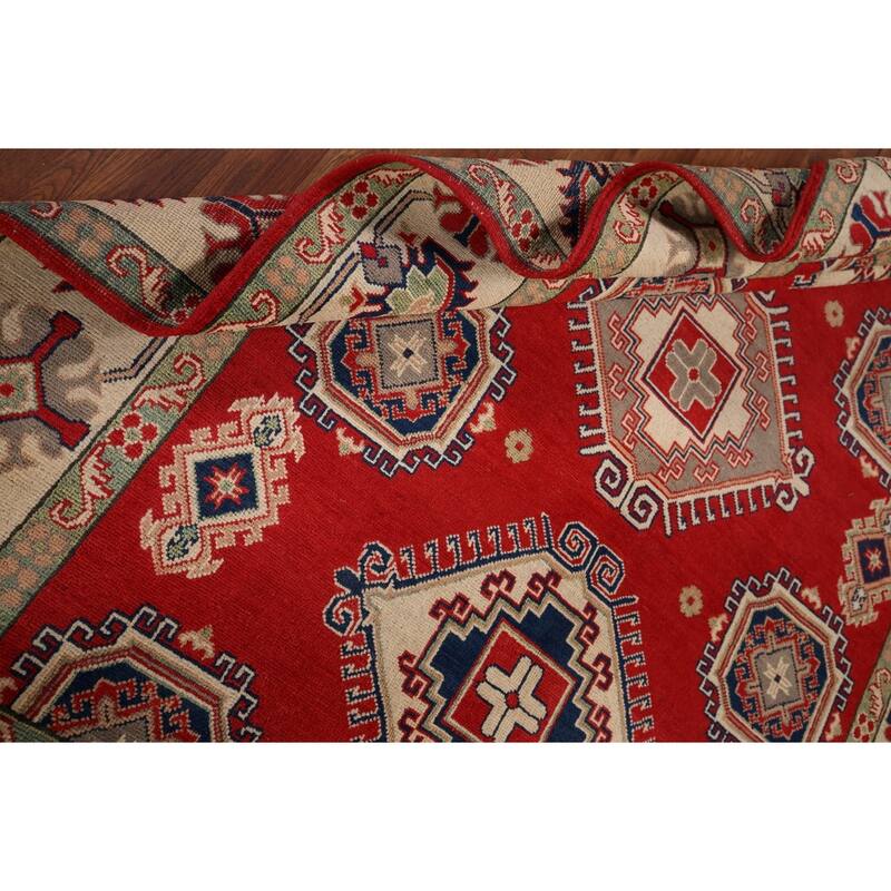 Geometric Kazak Rug Hand-Knotted Bedroom Red Wool Carpet - 5'9" x 7'7"