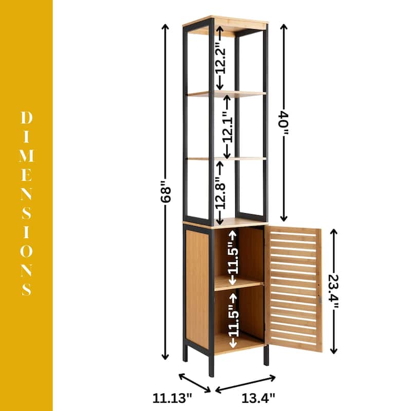 Natural Slim Storage Cabinet with Shelves, Modern Black Frame - 13.4"L x 12"W x 68"H