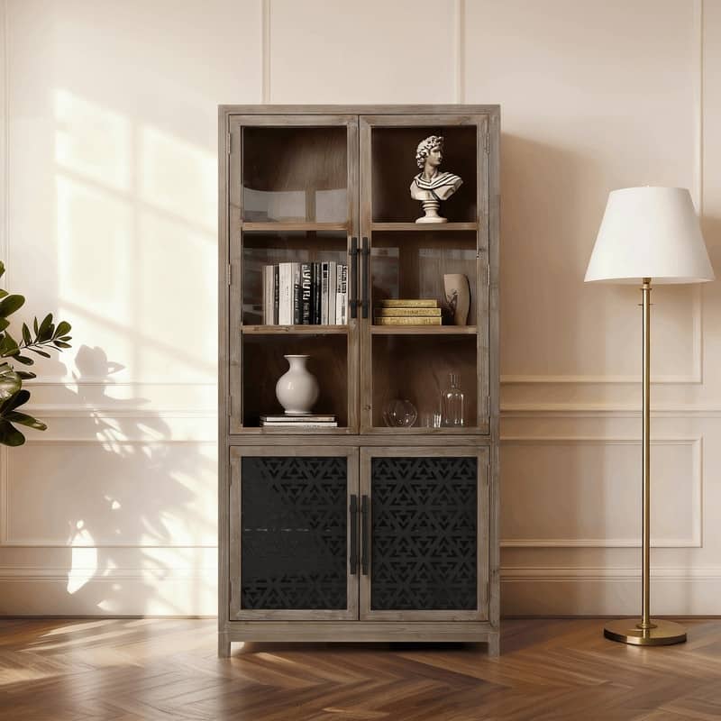 Spruce & Spring Vintage Rustic Solid Wood Tall Display Cabinet, Natural Wood Glass Door Storage Cabinet