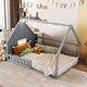 preview thumbnail 2 of 28, Wood Full Size House Floor Bed with Window,Fence and LED Lights