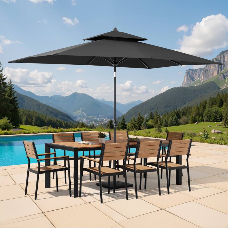 9/11-Piece Outdoor Patio Dining Set Aluminum Dining Table and Stackable Chairs w/10 ft Market Umbrella and Base - Set of 11 - Brown Table with Black Umbrella
