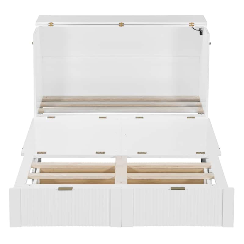 Full Size Murphy Bed with drawer and a set of Sockets & USB Ports, Pulley Structure Design, White