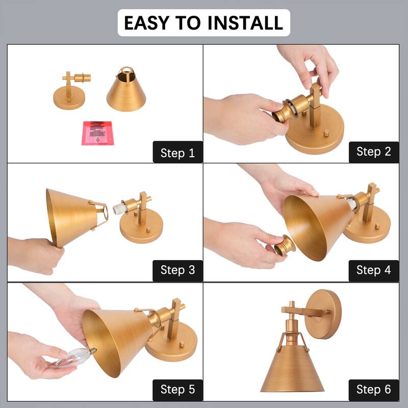 Dilley Modern Brass Gold 1-Light Metal Wall Sconce Cone Bathroom Vanity Lights - D6'' x H8.5''