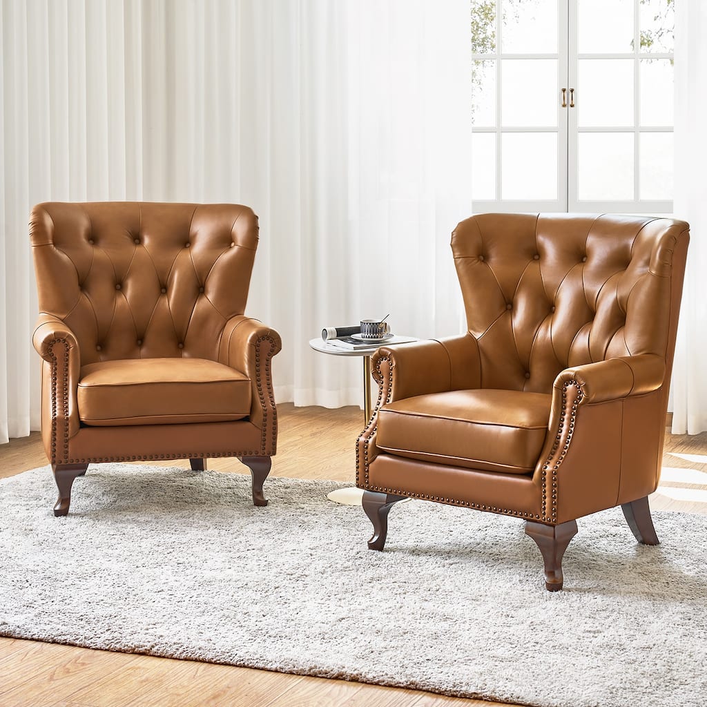 Gerhard Genuine Leather Waterproof Armchair with Solid Wood Legs and Removable Cushion Set of 2 by HULALA HOME