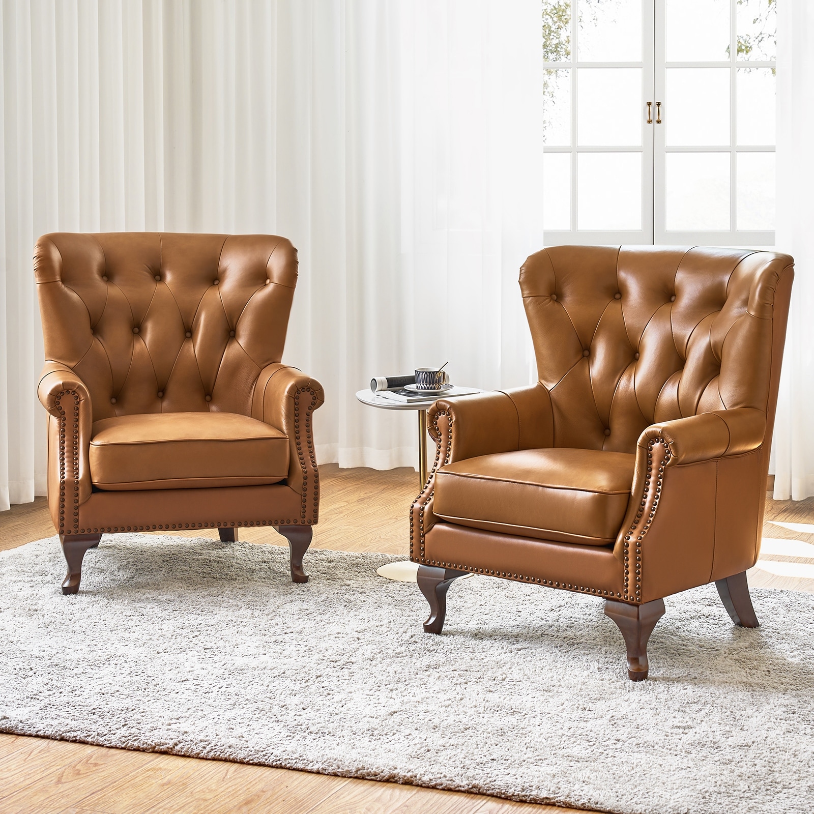 HULALA HOME Gerhard Genuine Leather Waterproof Armchair with Solid Wood Legs and Removable Cushion Set of 2