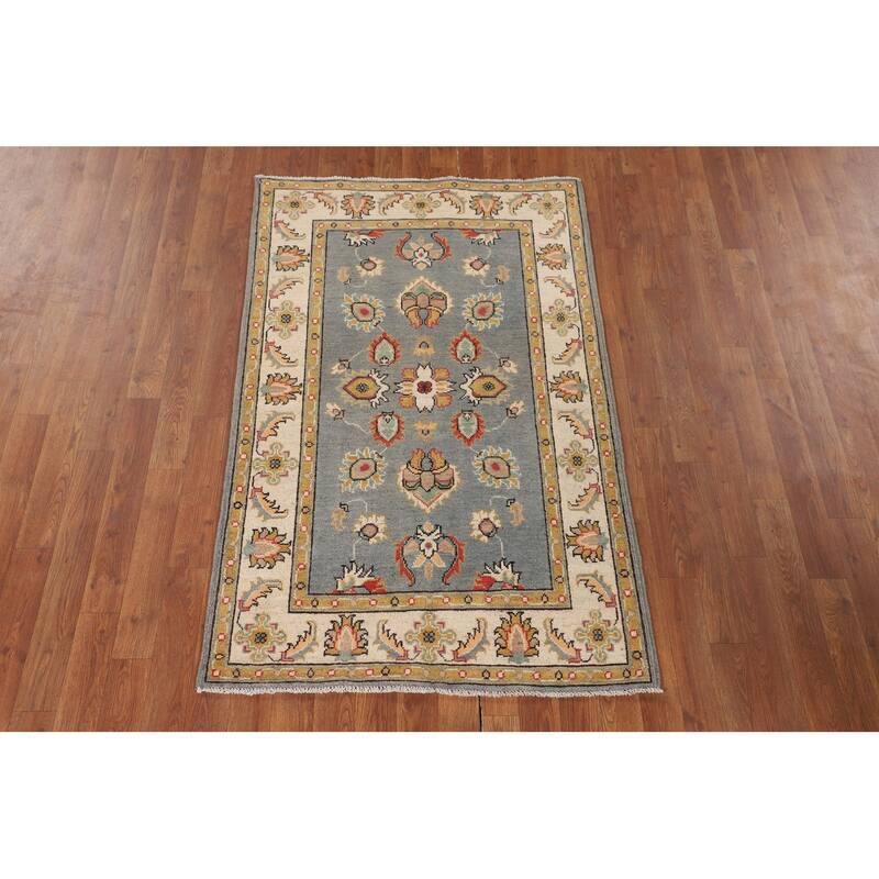 Floral Gray Oushak Accent Rug Handmade Wool Carpet - 3'2" x 4'11"