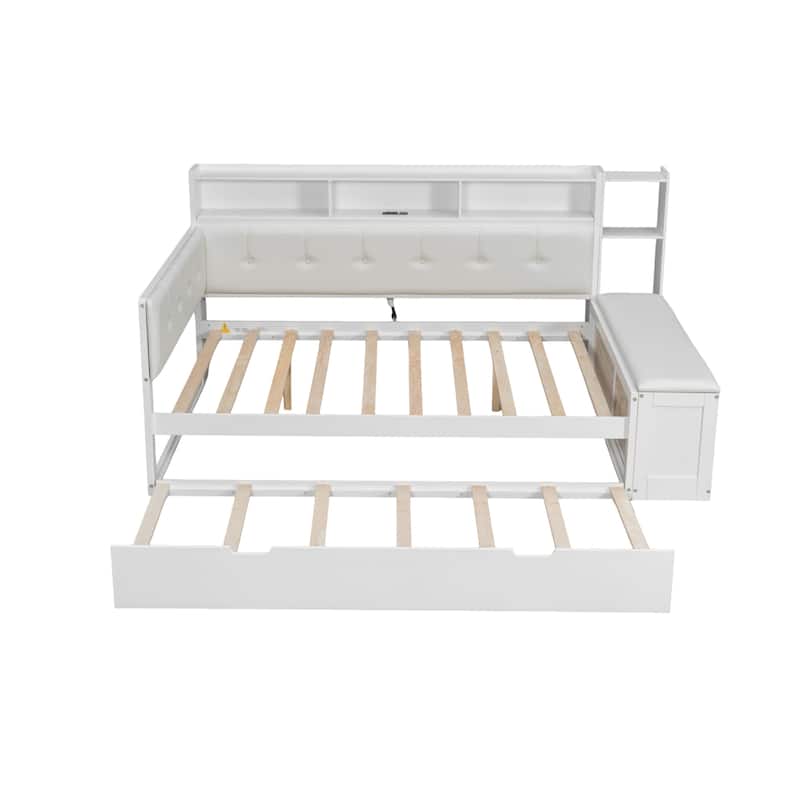 Full Size Wood Daybed with Trundle, Padded Bench, Charging Station, and Upholstered Headboard by Harper&Bright Designs