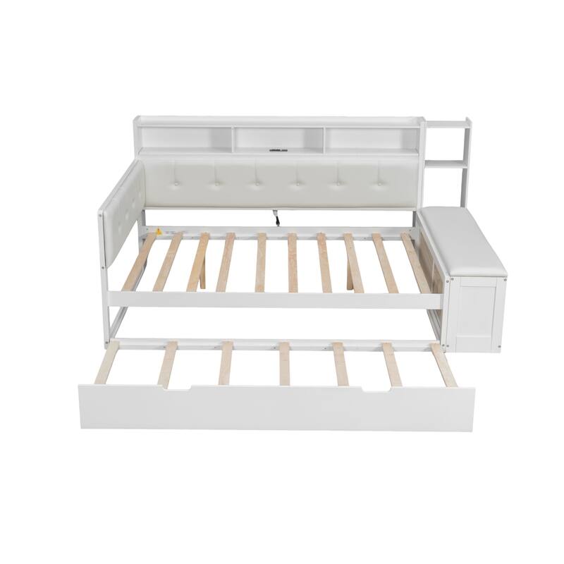 GDFStudio - Modern Wooden Full Size Daybed with Trundle, Bench Storage and Charging Station
