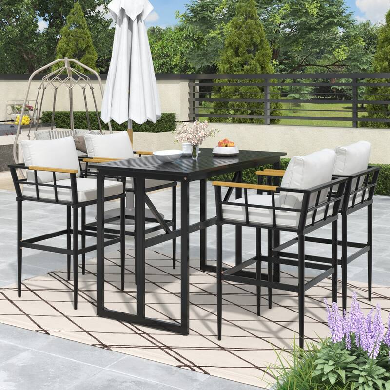 Outdoor Dining Set with Acacia Wood Armrest Suitable For Patio, Balcony Or Backyard