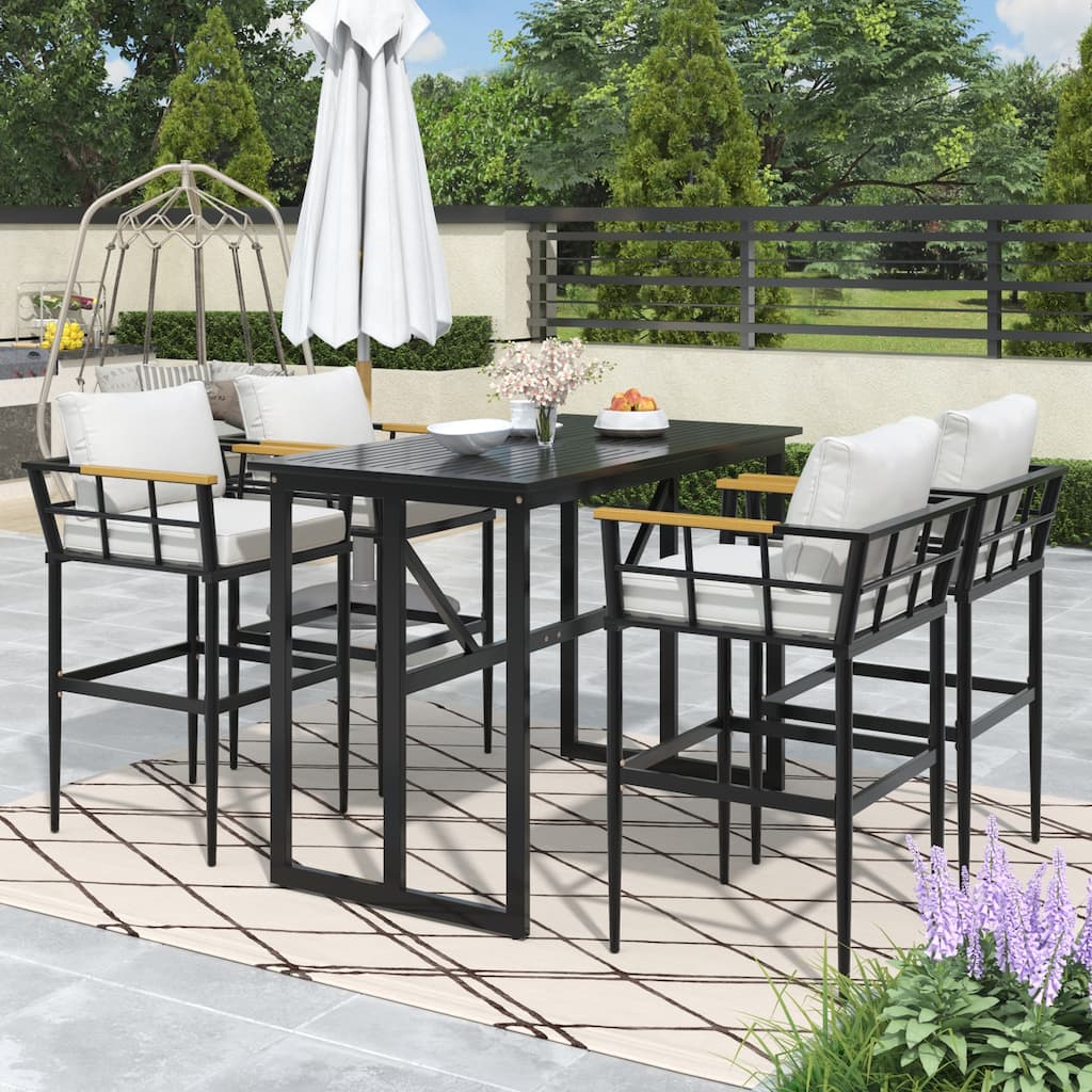 Outdoor Dining Set with Acacia Wood Armrest Suitable For Patio, Balcony Or Backyard