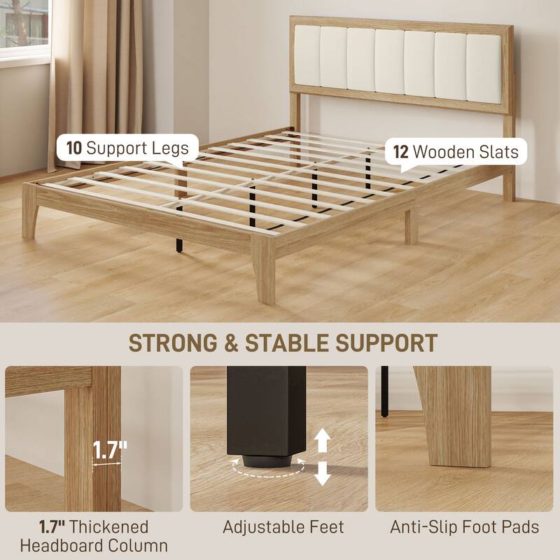 HOMCOM Queen Size Bed Frame with Upholstered Headboard, Platform Bed Frame with Wooden Slats, No Box Spring Needed