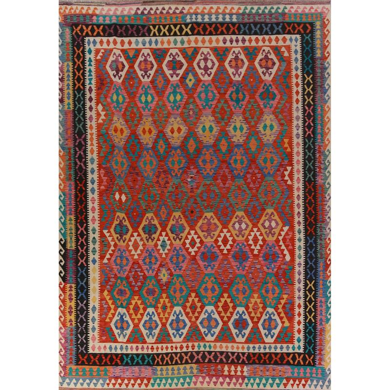 Kilim Oriental Area Rug Hand-Woven Geometric Bedroom Wool Carpet - 9'7"x 13'1"