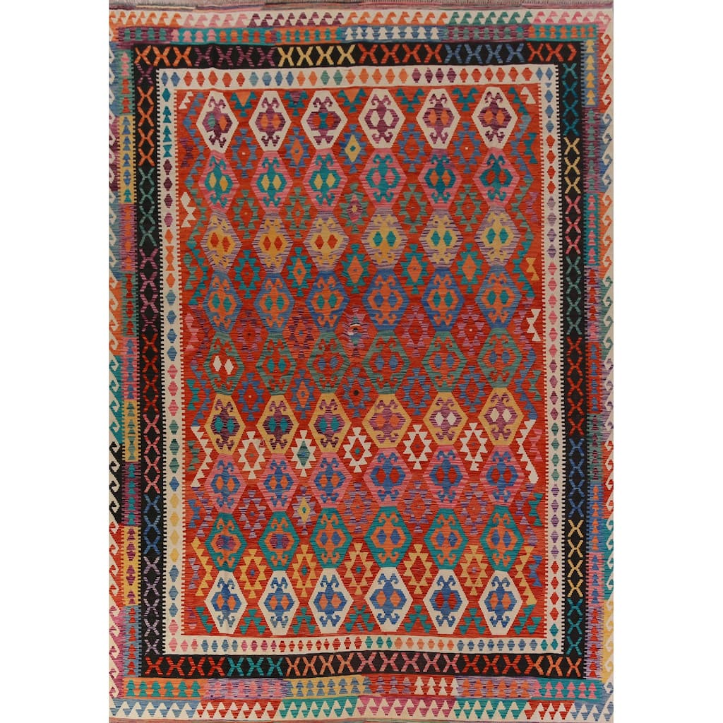 Kilim Oriental Area Rug Hand-Woven Geometric Bedroom Wool Carpet - 9'7"x 13'1"