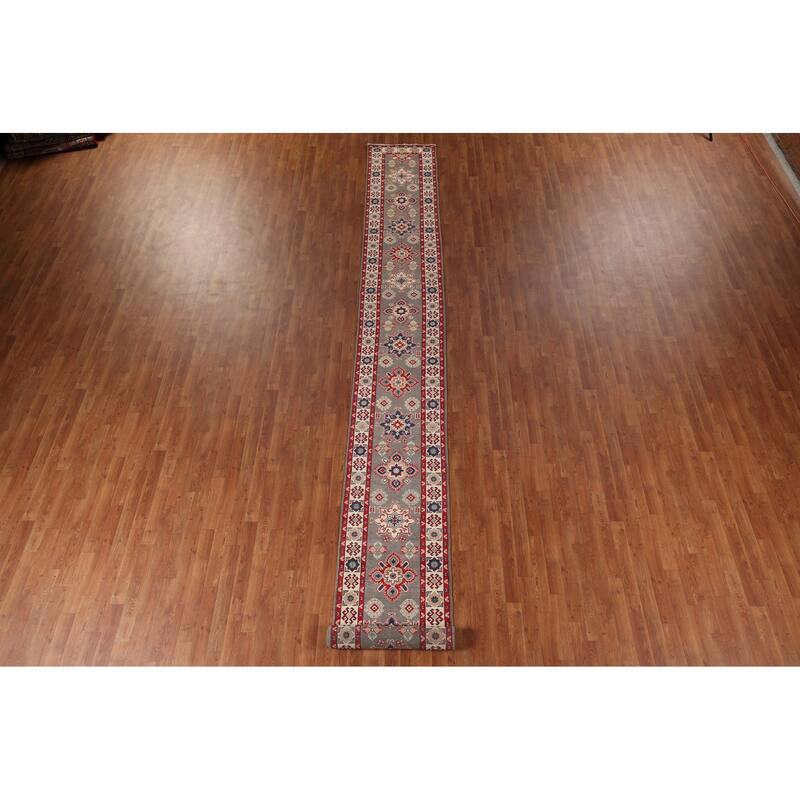 Geometric Kazak Runner Rug Hand-Knotted Oriental Grey Wool Carpet - 2'2" x 19'2"