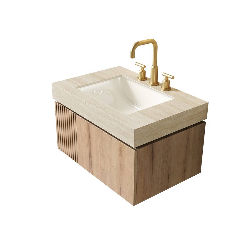 30" Floating Bathroom Vanity with Sintered Stone Top & Ceramic Basin, Plywood Cabinet with Drawer & Door