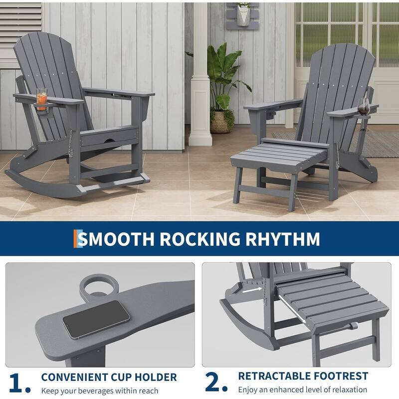 Adirondack Rocking Chair with Ottoman Folding HDPE Outdoor Chair All-Weather