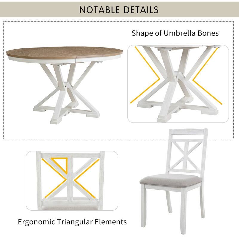 5-Piece Retro Functional Dining Table Set Extendable Round Table and 4 Upholstered Chairs for Dining Room and Living Room