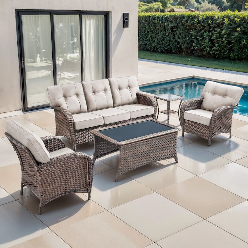 TWrap 5-Piece Patio Brown Wicker Sofa Conversation Set with 5-Inch Thick Cushions