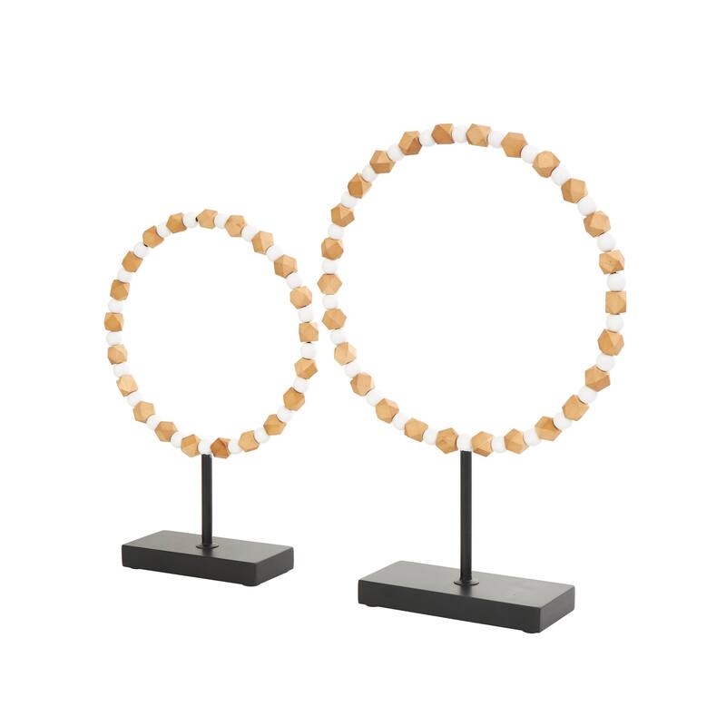 Wood Geometric Geometric Beaded Ring Sculpture with Black Metal Stands - Set of 2 Brown - Roche River Decor - 4"W x 13"L x 19"H