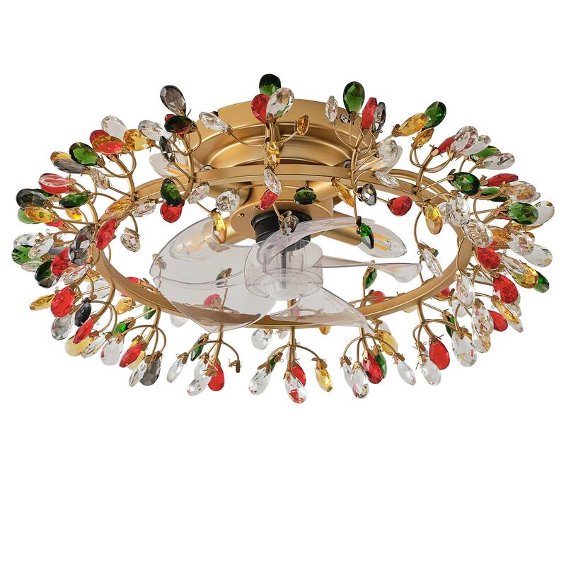 23" Modern Gold Flush Mount Crystal Ceiling Fan with Light and Remote