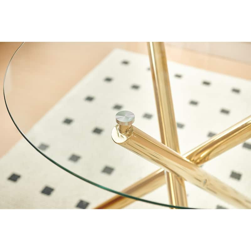 Round Glass Dining Table for 2-4 People, Kitchen Table with Glass Top & Metal Legs, Modern Compact Circle Side Desk