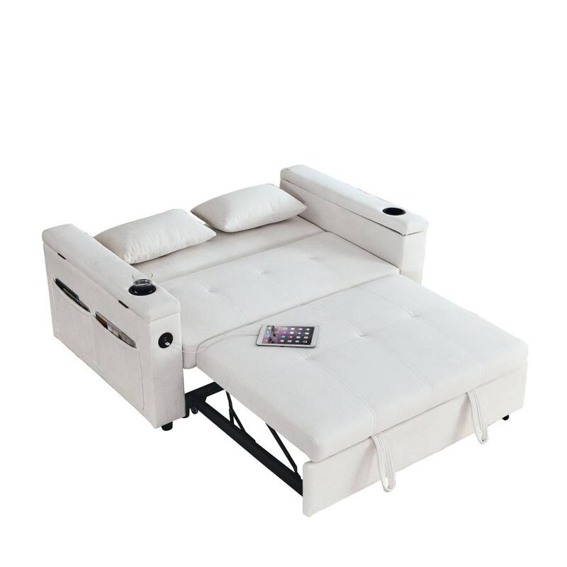 Sleeper Sofa Couch Bed, Pull Out Loveseat with Storage, Convertible Sleeper Sofa w/ Side Pockets, Adjustable Backrest & USB Port
