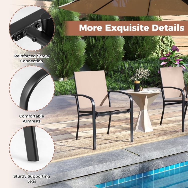 Light Brown Stackable Patio Dining Chairs Set of 2 with Metal Frame and Ergonomic Design - 24" x 22.5" x 35"