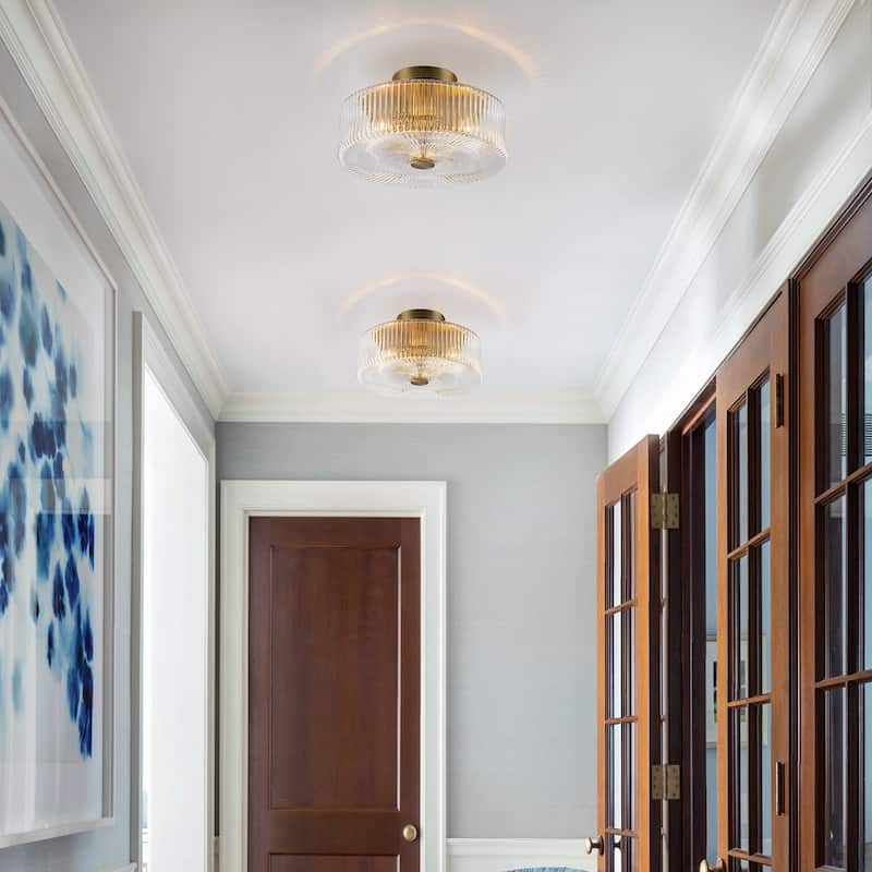 3-Light Modern Gold Dome Semi Flush Mount Lights with Ribbed Glass Shape - Brass