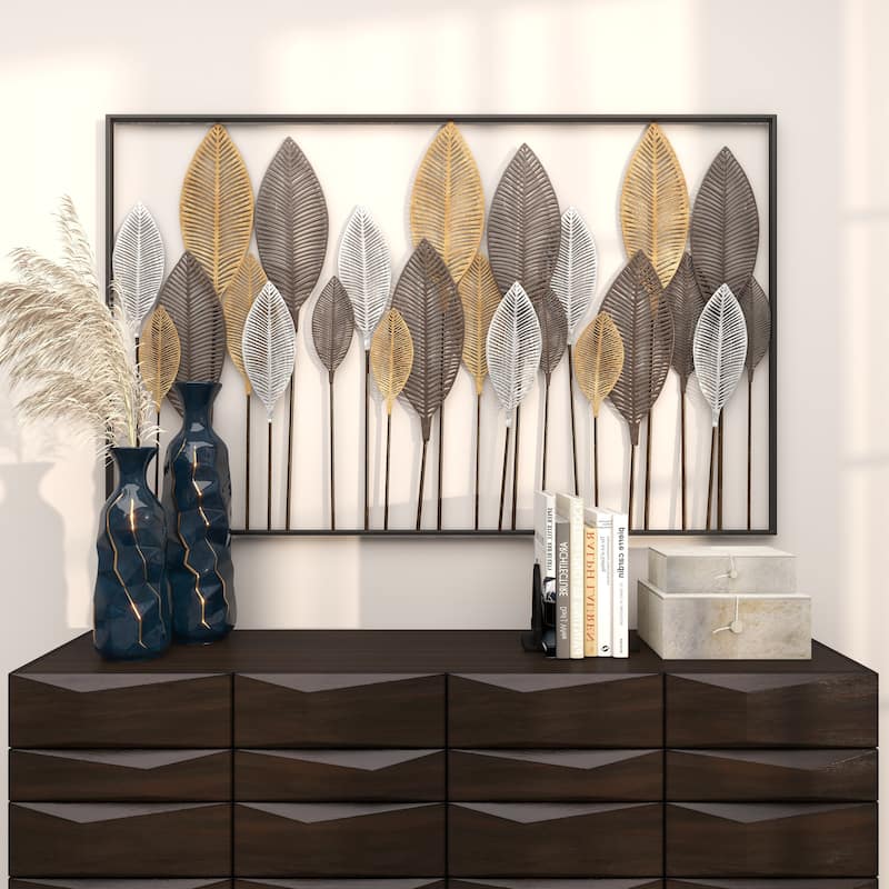 Contemporary Metal Tall Cut-Out Leaf Wall Decor with Intricate Laser Cut Designs - Bronze, Gray, Brass