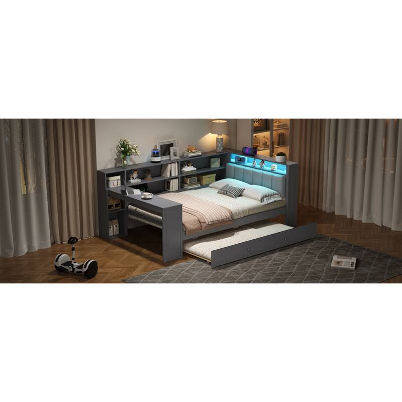 Roomfitters Twin/Full Platform Bed with Trundle, LED Headboard, Charging Station and Storage