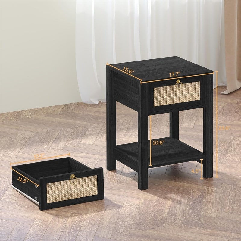 White Nightstand Set of 2 Rattan Decor Drawer