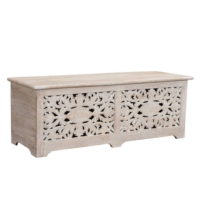 HomeRoots 52" White Distressed Solid Wood Carved Floral Storage Ottoman