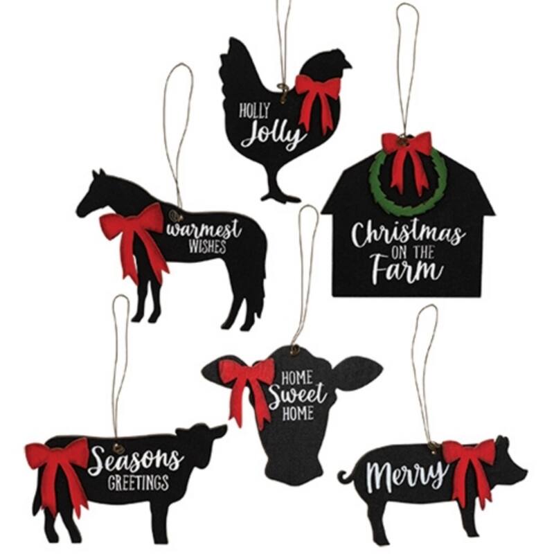Set of 6 Farmhouse Christmas Wooden Ornaments Black Finish Hanging Holiday Decor Pieces - Cow:2.5”H x 4.25”W x 25”D