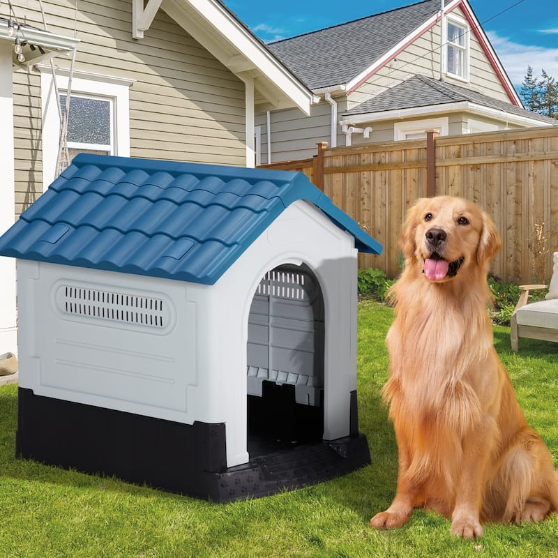 Plastic Dog House with Air Vents, Elevated Floor, Insulated Outdoor Indoor Kennel for Small Dogs
