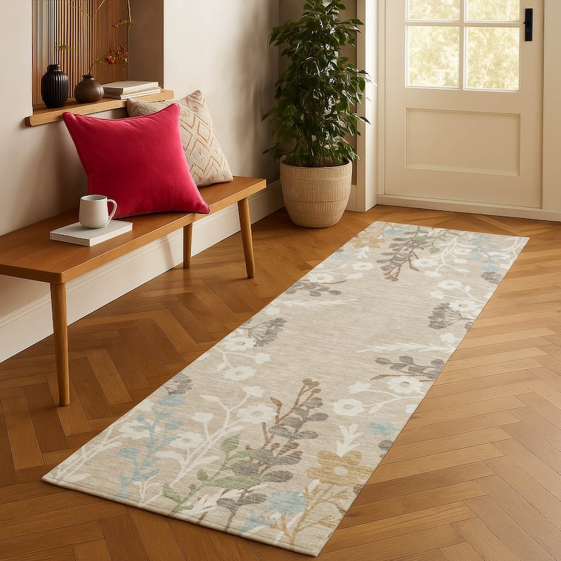 Machine Washable Indoor/ Outdoor Floral Border Chantille Rug